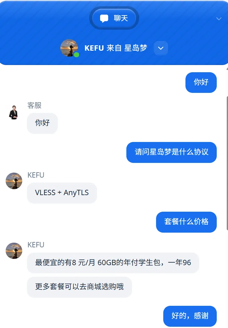 星岛梦在线客服聊天截图,客服回答协议类型和最低套餐价格