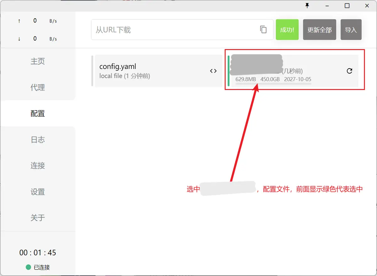 配置页出现新的订阅卡片,左侧绿色竖条表示已选中,下载按钮显示成功