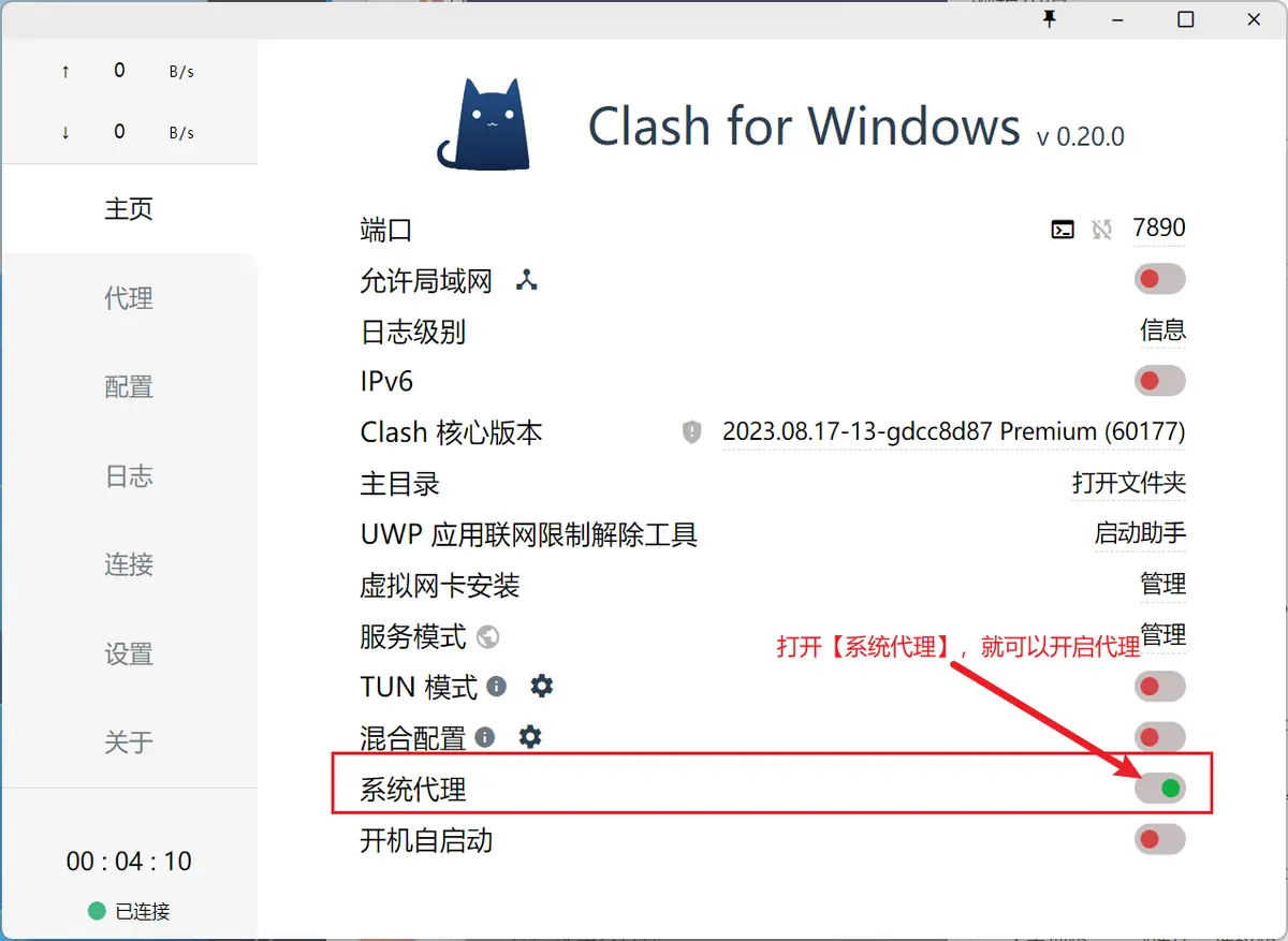 主页列出端口、TUN 模式、系统代理等设置,系统代理一行被红框标出且为绿色