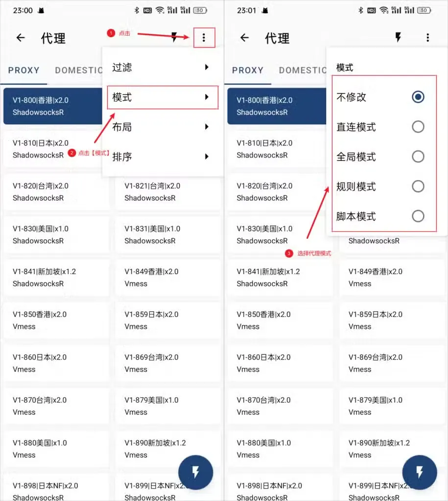 两张并排截图,左图代理页菜单标出模式,右图模式子菜单列出不修改等五个选项