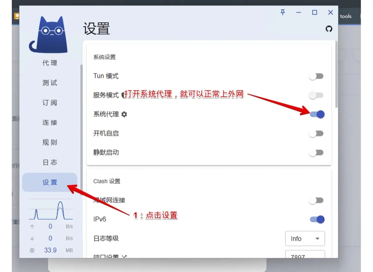 设置页的系统设置分组,系统代理开关已打开,下方是 Clash 设置分组