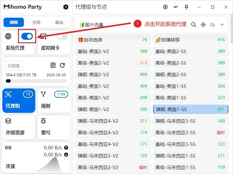 左栏系统代理卡片上的开关已打开并被红框标出,虚拟网卡开关为关闭状态