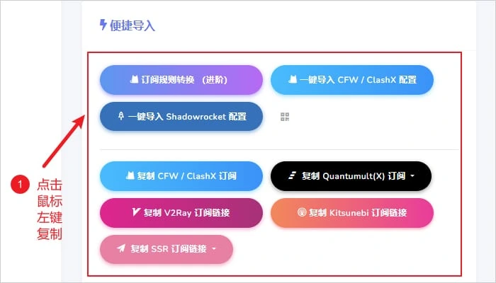 机场用户中心的便捷导入区块,复制 V2Ray 订阅链接按钮在其中一排