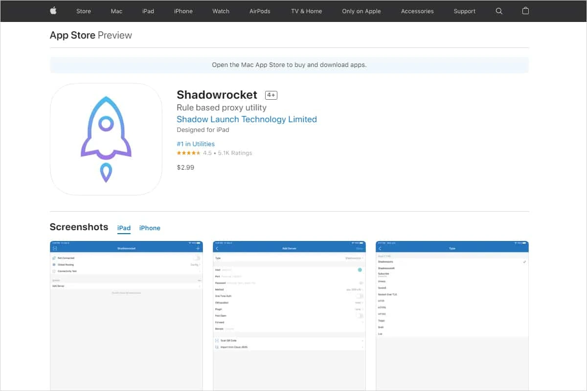 美区 App Store 网页上的 Shadowrocket 页面,标价 2.99 美元