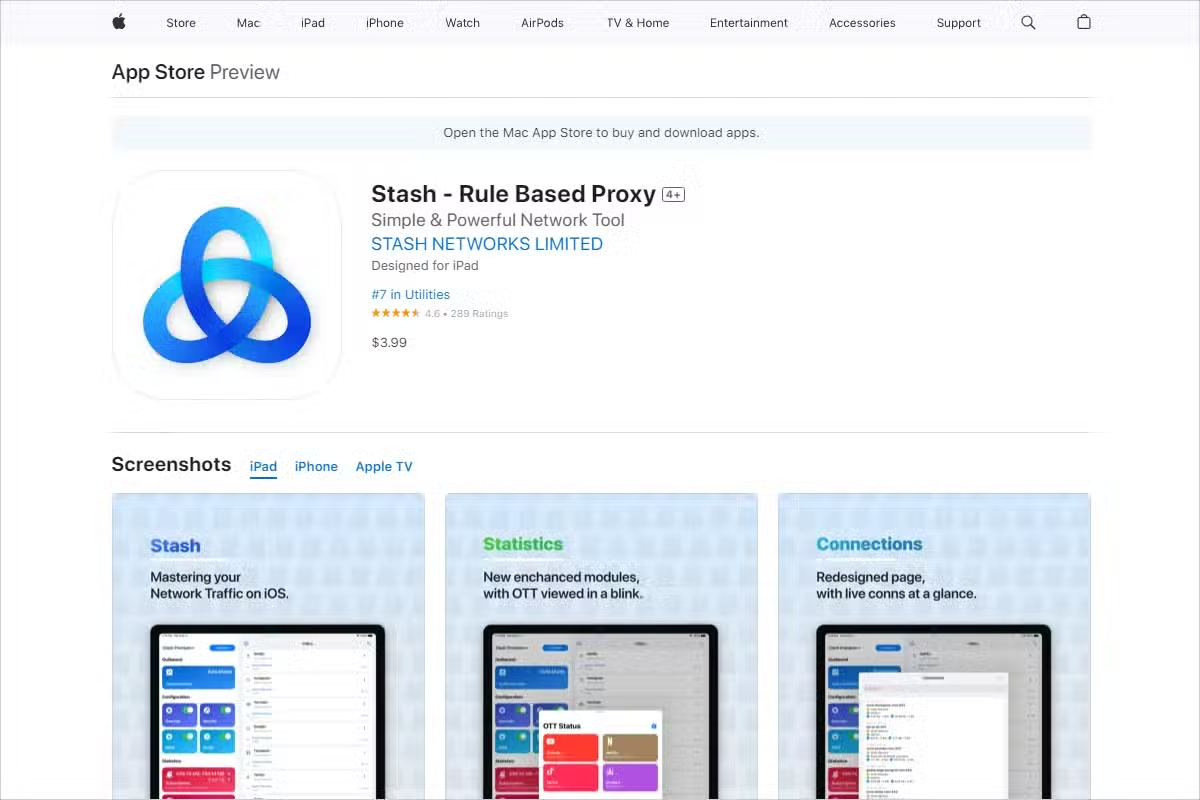 美区 App Store 网页上的 Stash 页面,开发者为 STASH NETWORKS LIMITED,标价 3.99 美元
