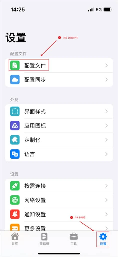 Stash 设置页,红框标出底部的设置标签和顶部的配置文件入口