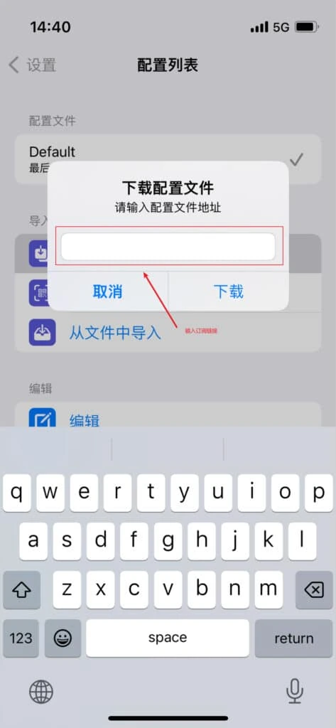 Stash 下载配置文件对话框,中间是地址输入框,下方有取消和下载两个按钮