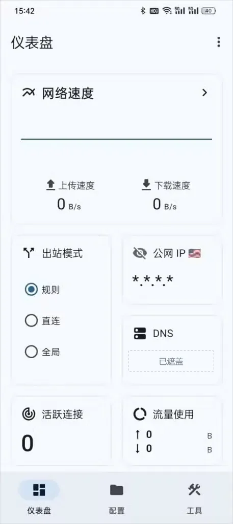 Surfboard 仪表盘,出站模式选中规则,公网 IP 显示为星号,底部有三个标签