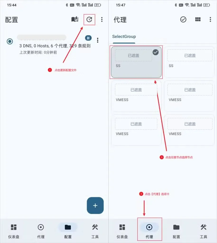 两张并排截图,左图标出配置页的更新图标,右图代理页第一个 SS 节点被选中