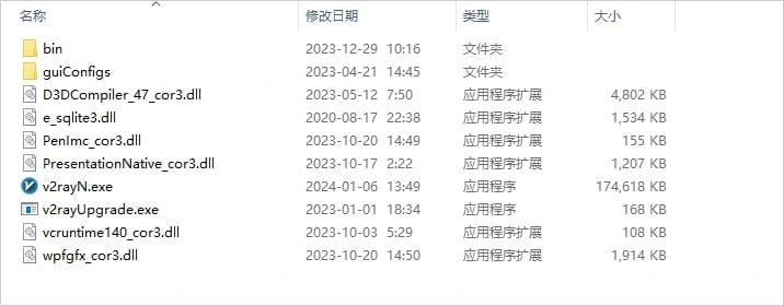 解压后的文件夹,含 bin、guiConfigs 目录和 v2rayN.exe